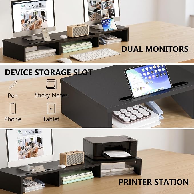 WALI Extra Long Wooden Dual Monitor Stand Riser with 2 Slots, up to 22lbs | Underneath Storage, Adjustable Length & Angle, Multi-Purpose Desktop Organizer Desk Shelf for Home Office PC, Laptop, Printer - Image 5