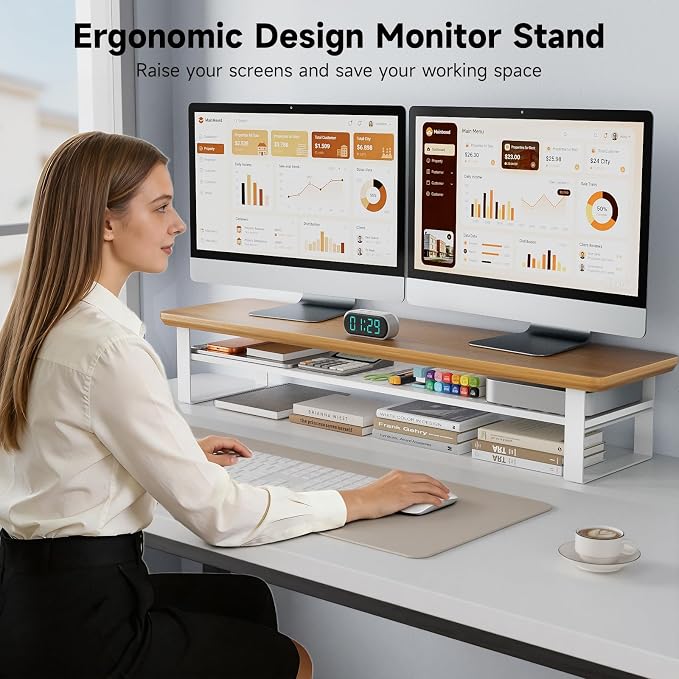 Dual Monitor Stand, 35.4 Inch Monitor Stand Riser for 2 Monitors, 2 Tiers Wood Desk Shelf with Storage, Desktop Organizer Stand for Computer, Laptop, Printer, TV - Image 6