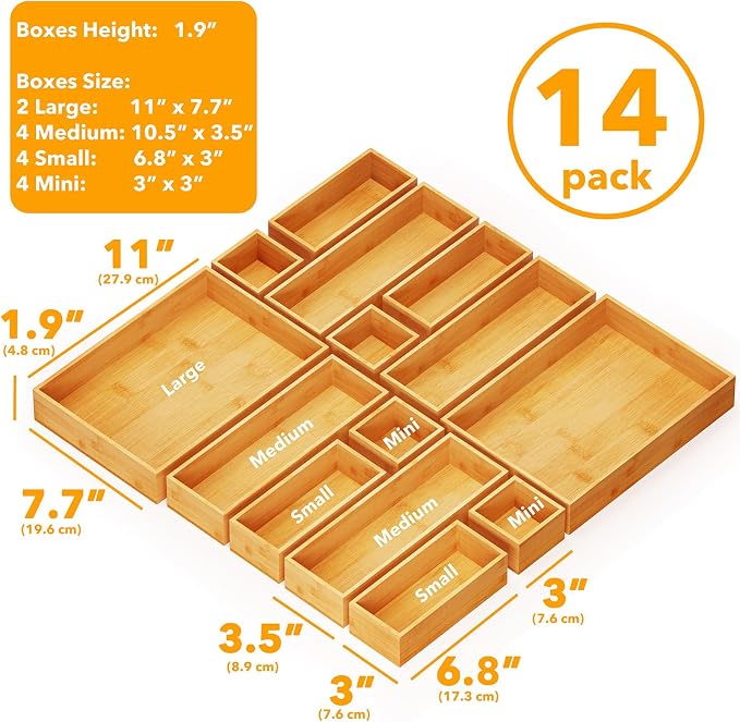 SpaceAid 14-Piece Bamboo Drawer Organizer Storage Boxes Set, Wood Tray Junk Drawer Organizers Multi-Use Divider Bins for Kitchen, Bathroom, Office Desk and Makeup Organization (14 Pack, Natural) - Image 3