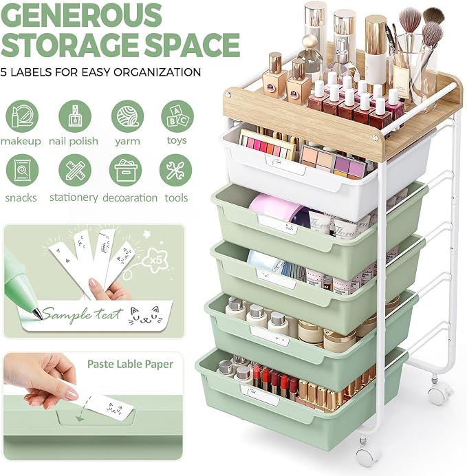 Utility Cart with 5 Drawers, Art Cart for Teacher Kid, Green | Rolling Storage Cart for Crafters Artists Student Storage Arts Crafts & Study Supplies in Craft Room Dorm Classroom Kids Room - Image 6