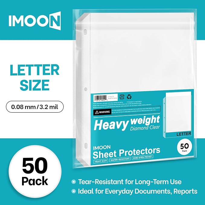 Heavyweight 3-Hole Letter Size Sheet Protectors - High Transparency Plastic Heavy Duty Sleeves for 3 Ring Binders, Archival Safe, Durable Page Protectors for Documents, 8.5x11 Inch (50 Pack) - Image 2