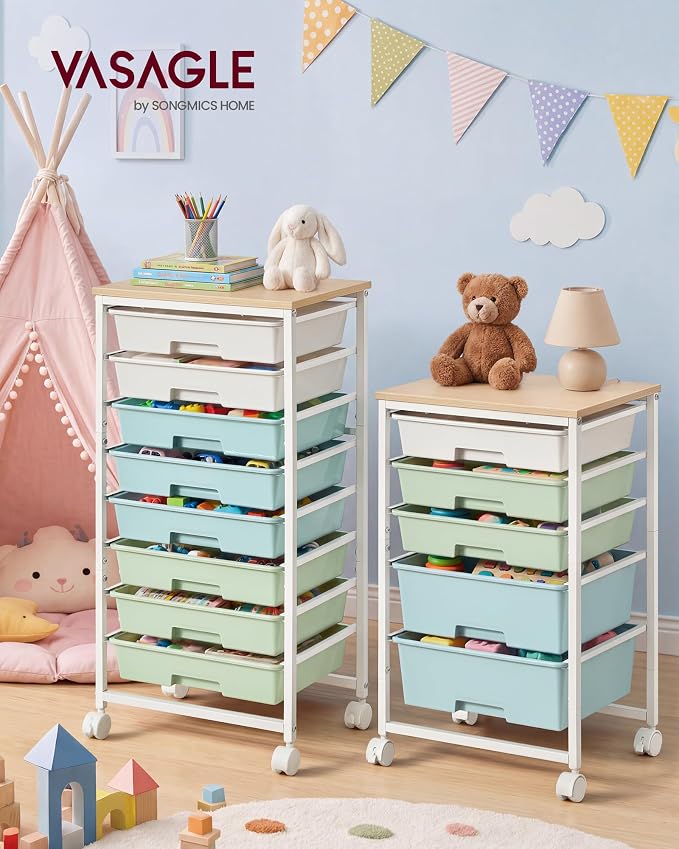 VASAGLE 5-Drawer Rolling Storage Cart, Mobile Organizer Trolley with Wood Top and Metal Frame, for Craft Room, Office, 15.6 x 11.2 x 24.8 inch, Green and White, Benco Collection ULRC005C101 - Image 8