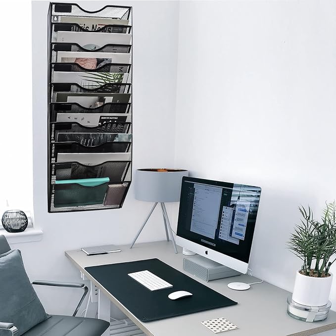 10 Pocket Mesh Hanging Wall File Organizer, Wall Mounted Mail Paper Document Folder Holder, Clipboard Storage Organization Magazine Rack with Nametag Label for Office Home School, Black - Image 5