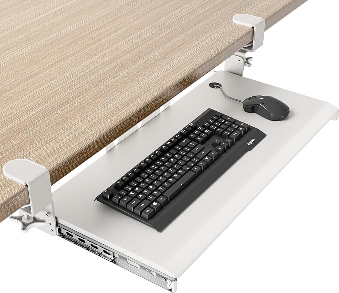 Keyboard Tray Under Desk Pull Out with Extra Sturdy C Clamp Mount System, 27.3 (32.5 inch Including Clamps) x 11 Inch Slide-Out Platform Computer Drawer for Typing White AX01WW01 by 1