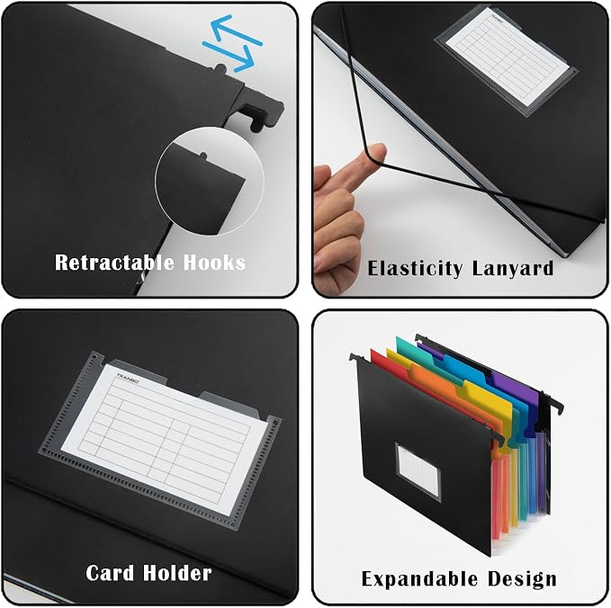 7-Pockets Hanging File Folder with Retractable Hooks for Filing Cabinet, Letter Size Expandable Accordion File Organizer with Elastic Band for File Frame or On-The-Go Use (3 Pack) - Image 3