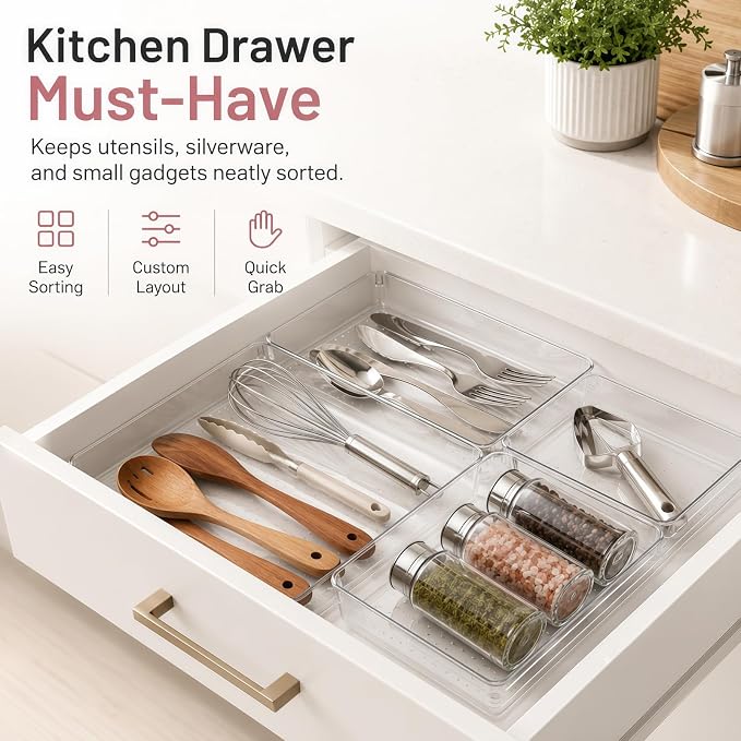 10 Pack Large Drawer Organizer Bins - Clear Plastic Bathroom Drawer Organizer Trays - Heavy Duty Kitchen Drawer Dividers for Utensils - Non-Slip Storage Bins for Makeup, Bedroom, Office Desk - Image 5