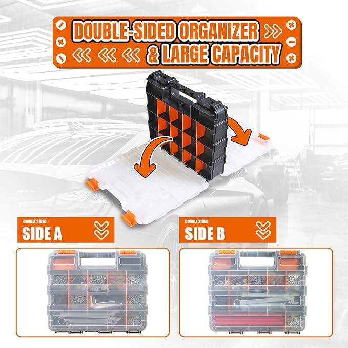 Jack Boss Tool Box with Transparent Lid, Double Side 34-Compartments Organizer Box with Removable Dividers for Hardware, Screws, Bolts, Nails, Beads, Jewelry and Fishing Accessories, Orange, 4 Pack - Image 6