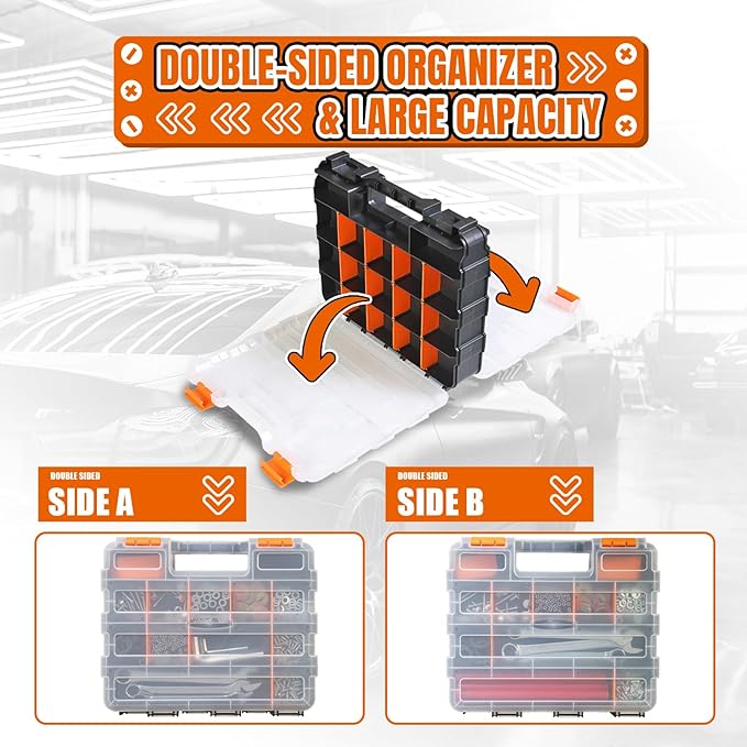 Jack Boss Tool Box with Transparent Lid, Double Side 34-Compartments Organizer Box with Removable Dividers for Hardware, Screws, Bolts, Nails, Beads, Jewelry and Fishing Accessories, Orange, 1 Pack - Image 6