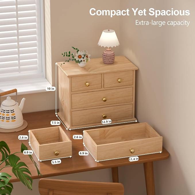 Oak Desk Organizer with Drawers, Durable Wooden Desktop Storage Box | 4 Drawer Tabletop Organizer with Metal Handles & Non-Slip Pads for Office, Bedroom, Bathroom, Vanity, Makeup Storage, Natural - Image 2