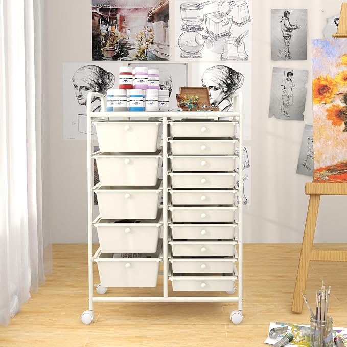 GOFLAME 15-Drawer Rolling Storage Cart, Craft Storage Cart with Removable Drawers & Lockable Wheels, Art Cart Supply Storage Organizer for Home Office Classroom, White - Image 8