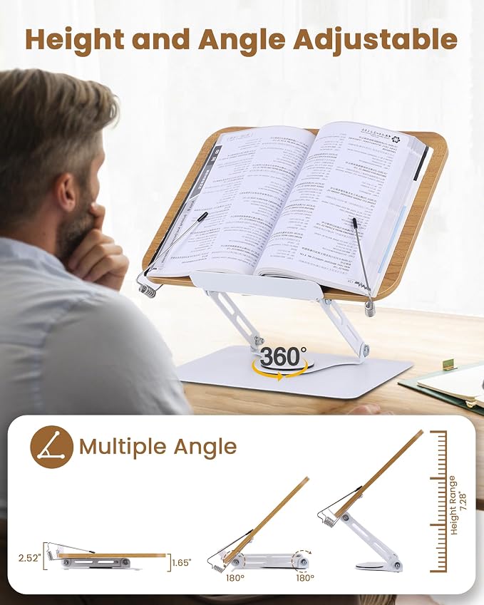 ASIEIT Book Stand for Reading, Adjustable Book Holder with 360° Rotating Base & Elastic Page Clips, Foldable Cookbook Stand, Portable Display Stand for Bible, Recipe, Magazine, Tablet, Laptop, Natural - Image 4