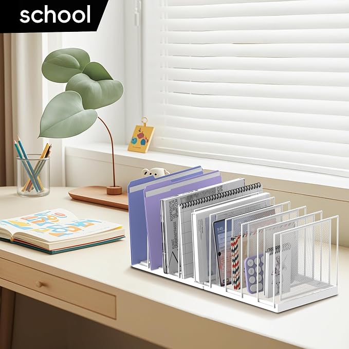 9-Section Desk File Organizer, Vertical File Holder, Mesh Desktop File Folder Metal File Organizer Stand for Office Home Classroom, White - Image 7