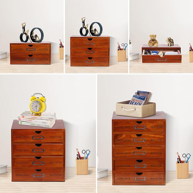 Wooden Desktop Organizer, 5PCS Retro Storage Cabinet Box with Drawers, Mini Tabletop Craft Box Cosmetic Storage Drawer, Portable Desk Letter Mail Sorter for Office Home (Brown) - Image 4