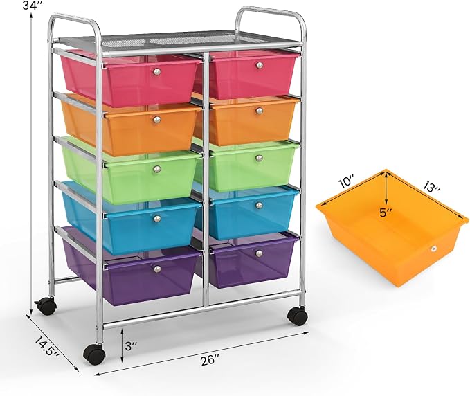 Giantex 10 Drawers Rolling Cart, Classroom Organizers, Storage Cart with Wheels, for Teacher Office Home School Supplies Tool Craft Art Paper - Image 3