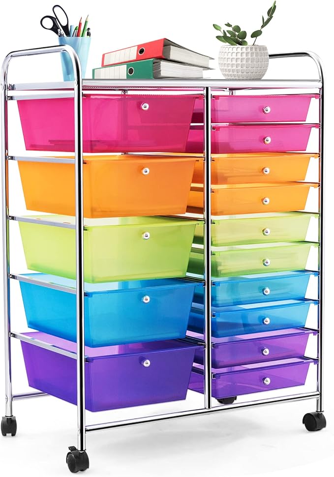 COSTWAY 15 Drawer Rolling Storage Cart, Mobile Storage Organizer | Removable Drawers & Metal Frame, Multipurpose Utility Tools Paper Organizer on Wheels for Home, Office (Rainbow) by COSTWAY