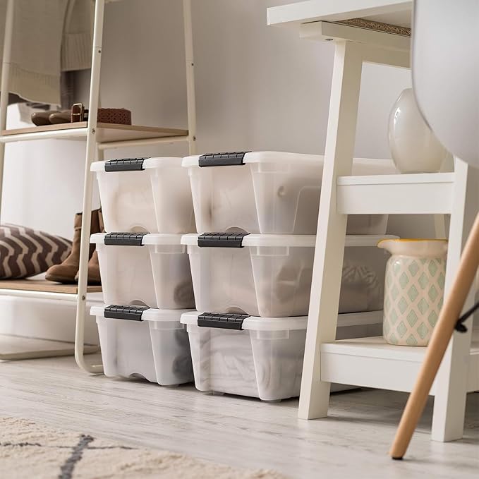 IRIS USA 6-Pack 13 Quart Storage Bins with Lids, Pearl | Conceals contents for a clean look. Ideal for shoes, photos, documents, and small essentials. Nestable design saves space - Image 4