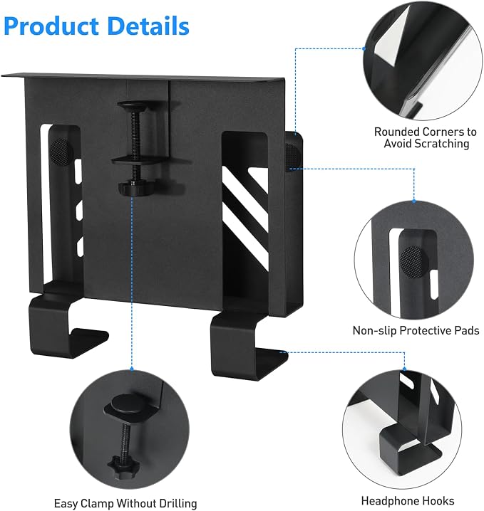 MAXECHO Desk Side Storage, Under Desk Laptop Mount, Table Side Hanging File Organizer, No Drill Clamp On Cable Management Tray, Laptop Holder with 2 Hooks for Office and Home, Load 22 Lbs - Image 3