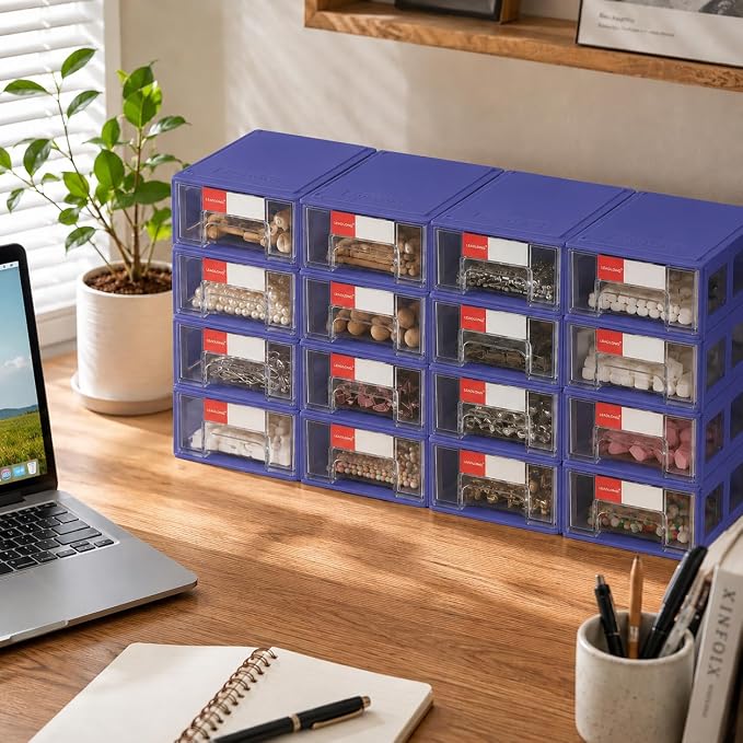 16pc Stackable Plastic Storage Drawers Mini Desk Organizer Blue | Versatile mini desktop storage box 5.5x3.4x1.6", perfect for garage, home, school and office craft organization. - Image 7