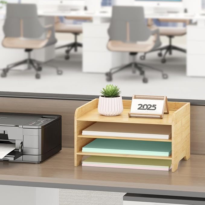 Bamboo File Organizer for Desk, Paper Tray with Pen Holder | Open tiers and a pen holder sort Letter/A4 paper, folders and office supplies while keeping your workspace clutter-free - Image 7