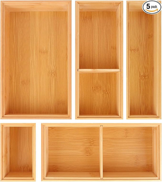 Bamboo Drawer Organizer,5 PCS Silverware Organizer & Kitchen Organizers and Storage,Utensil Drawer Organizer With Removable Dividers for Kitchen,Utensils,Bathroom,Office,Makeup(Natural) by Bxngjuj