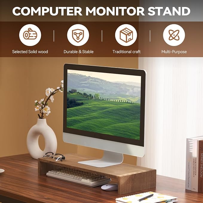 KIRIGEN Wood Monitor Stand Riser for Desk, 23.23 Inch, Brown 59-DBR | Desktop Workspace Platforms Stand Fully Assembled for Monitors, Laptops, Small TVs, or Printers for Home Office - Image 2