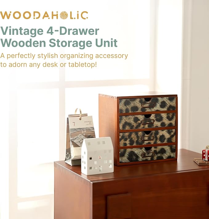 Classic Leopard Print Wooden Desk Organizer - 4-Drawer Desktop Storage - Rustic Wood Cabinet for Office Supplies, Craft Tools, & Home Organization - Luxurious Drawer Unit - Image 3
