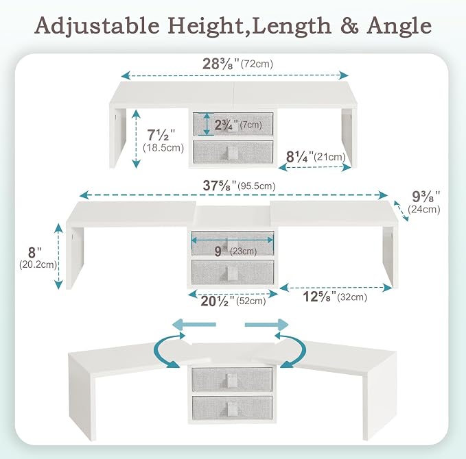 TEAMIX Dual Monitor Stand Riser with 2 Drawers - Length and Angle Adjustable White Monitor Stand with Storage Large Computer Riser for 2 Monitors/Laptop/PC, Wood Screen/TV Stand Desk Organizer - Image 4