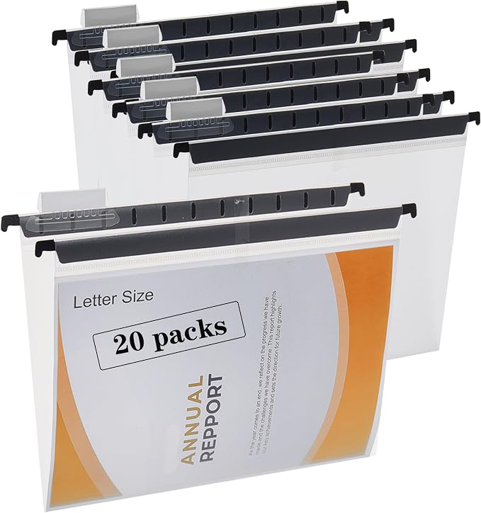 20 Pack Plastic Clear Hanging File Folders, Letter Size with Tabs | Transparent design lets you view contents instantly, making document storage and retrieval faster and easier. by FeiBi