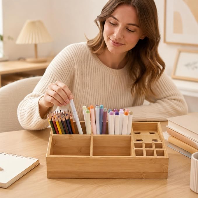 2 Pack Bamboo Art Supply Organizer | 360° Rotating, Art Supply Holder & Office Storage Caddy, For Colored Pencils, Crayons, Paintbrushes - Image 4