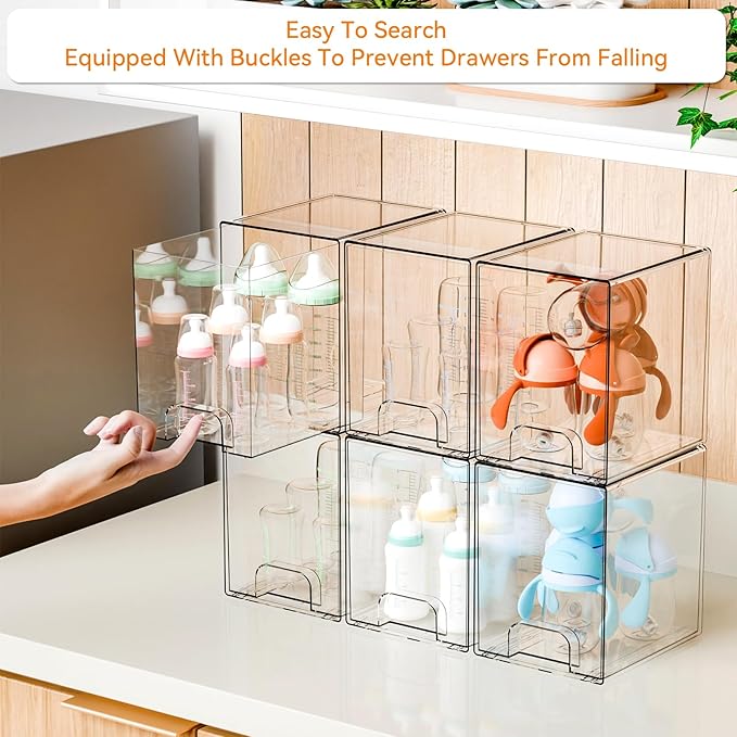 7.6" H Baby Bottle Organizer for Cabinet,4 Pack BPA FREE Bottle Storage Organizer Baby,Clear Stackable Storage Drawers for Makeup,Skincare,Beauty Products Bathroom Closet Organizers and Storage - Image 5