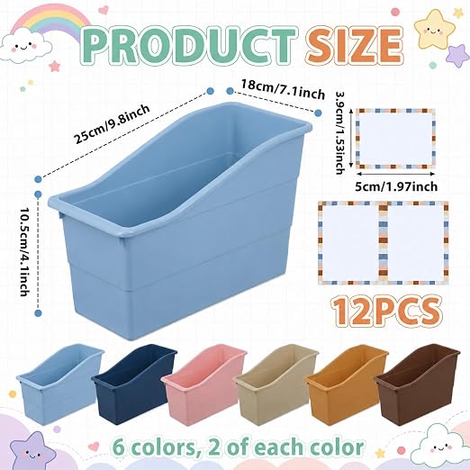 12 Pack Large Book Bins, Durable Magazine Organizer File Holder Plastic Book Storage Bins with Labels for Classroom Library Office, Desktop Organization, Bookshelf Categorization (Retro) - Image 2