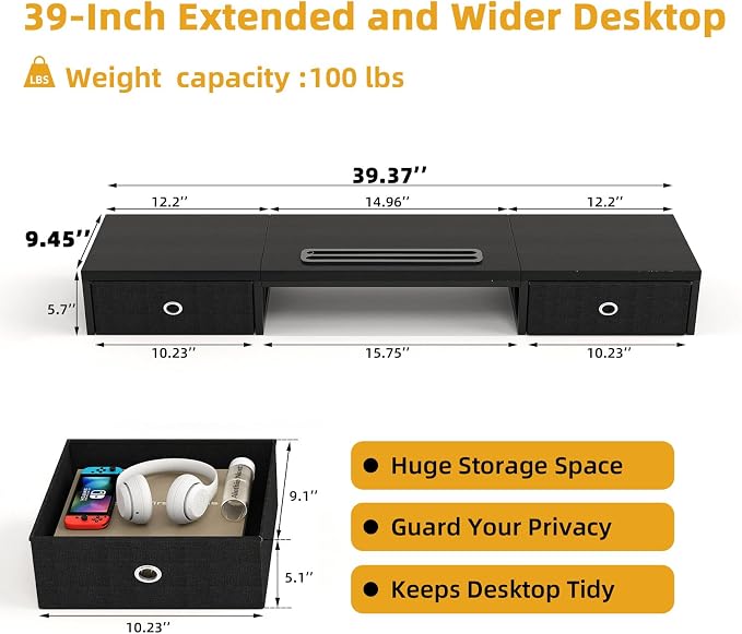 39 Inch Dual Monitor Stand Riser with 2 Drawers - Large Black Wooden Computer Stand for 2 Monitors, Ergonomic Desk Organizer with Phone Holder, Desktop Storage for Laptop, Office Supplies, Home Office - Image 6