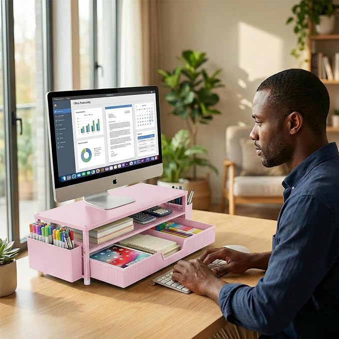 ECOLOVI Desk Organizer and Accessories, 2-Tier Computer Monitor Stand Rise with Storage Drawer & 2 Pen Holders, Laptop & Printer Stand for Desktop, Workspace Organizers for Office Supplies (Pink) - Image 7