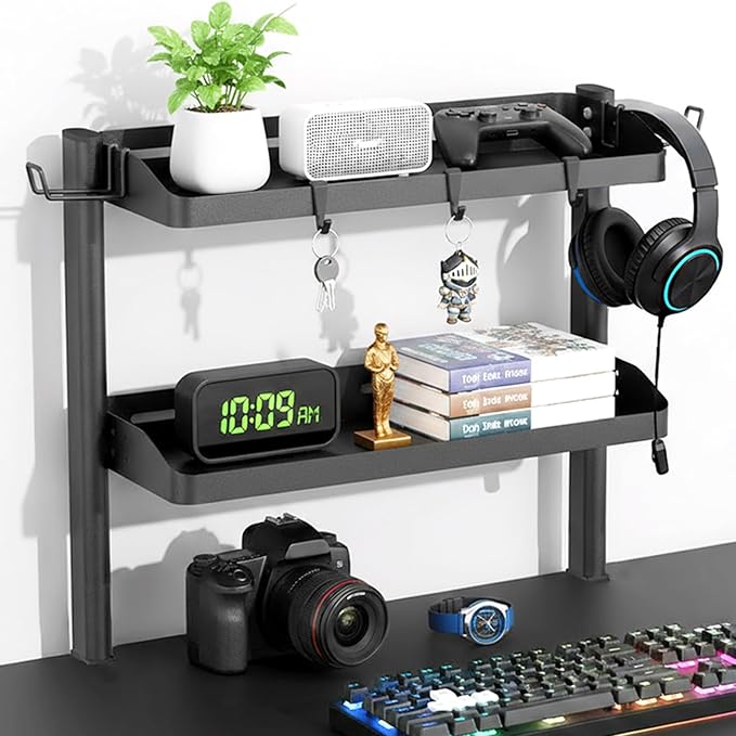 Clamp on Desk Shelf, 17in 2-Tier Office Desk Shelves Organizer, Small Shelf for Top of Desk with Headphone Holder and Hooks, Desktop Storage Rack for Home Workspace, Study Rooms, Gaming Accessories by DEARPER