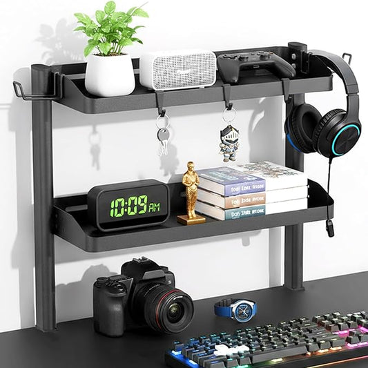 Clamp on Desk Shelf, 17in 2-Tier Office Desk Shelves Organizer, Small Shelf for Top of Desk with Headphone Holder and Hooks, Desktop Storage Rack for Home Workspace, Study Rooms, Gaming Accessories by DEARPER