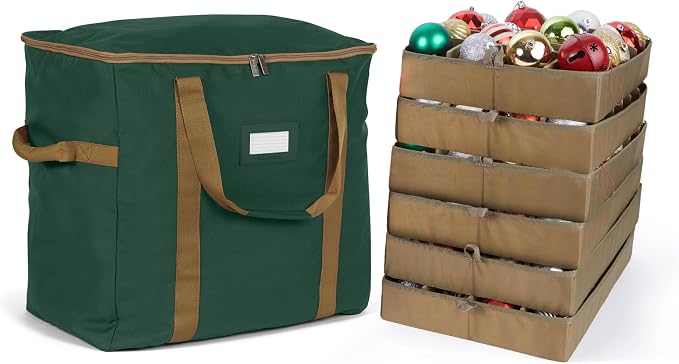 Covermates Keepsakes Adjustable Ornament Storage Bag – Heavy-Duty Polyester, Padded Dividers & FlexGrid Trays – Protective Holiday Ornament Organizer with Handles & Label Window, Green by Covermates