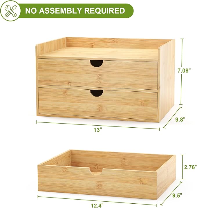 Bamboo Desk Drawer Organizer, Large Desktop Organizer with Drawers Tabletop Storage Organization Box for Office Home Toiletries Supplies Vanity, No Assembly Required (2 Drawer with Shelf) - Image 3