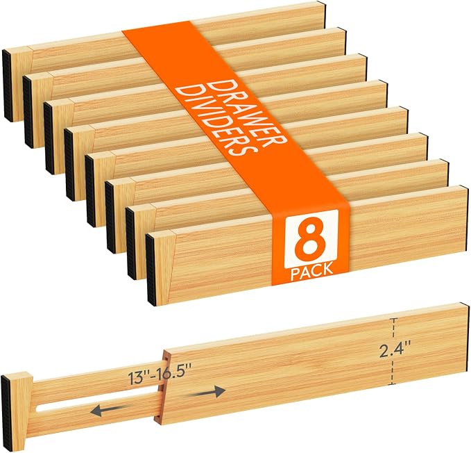 Lifewit 2.4" High 8 Pack Bamboo Drawer Dividers 33-42cm/13-16.5" Adjustable Wooden Drawer Organizer for Clothes/Utensils, Expandable Drawer Separator for Dresser/Kitchen/Bedroom/Office Organization by Lifewit