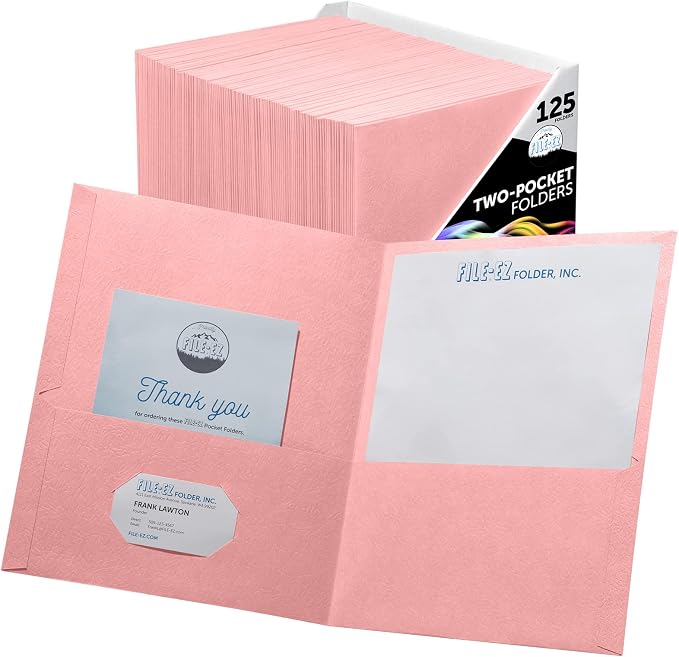 FILE-EZ Two-Pocket Folders, Pink Color, 125-Pack, Durable Textured Paper with Matte Finish, Letter Sheet Size (EZ-32490) by FILE-EZ