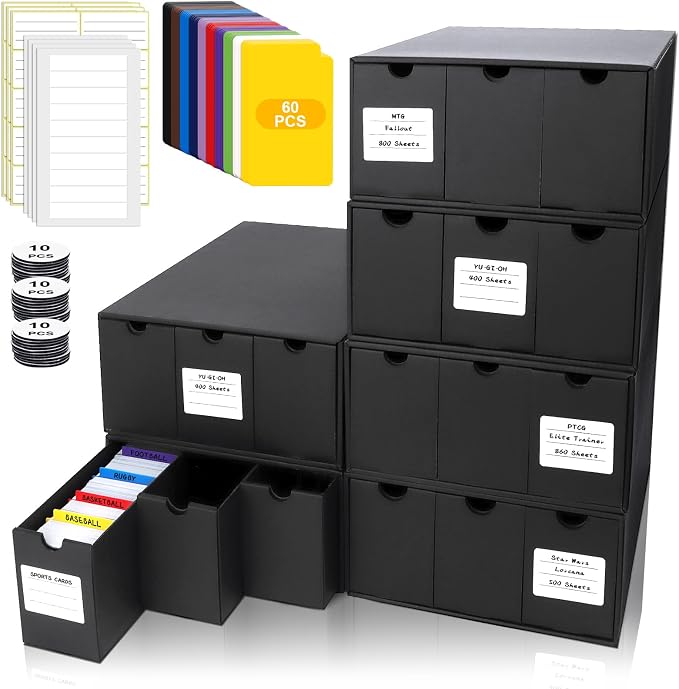Trading Card Storage Box, Includes 18-600 CT Boxes & 60 Card Dividers, Trading Card Organizer for Collectible Card Games, for TCG, YGO, MTG, PTCG, Baseball Cards, with Labels & Tapes by QLOUNI