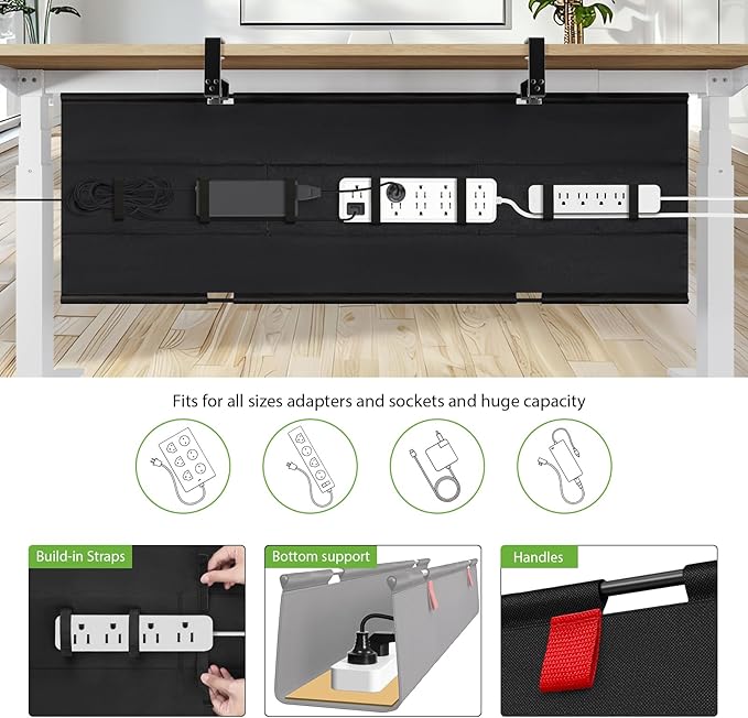 KEEGH Extra Large 48" Under Desk Cable Management Tray - Under Desk Cord Management - Clamp/Screw Mount - Support Upto 70lbs - Fabric Wire Management - Cable Raceways Tray Cord Hiders for Office/Home