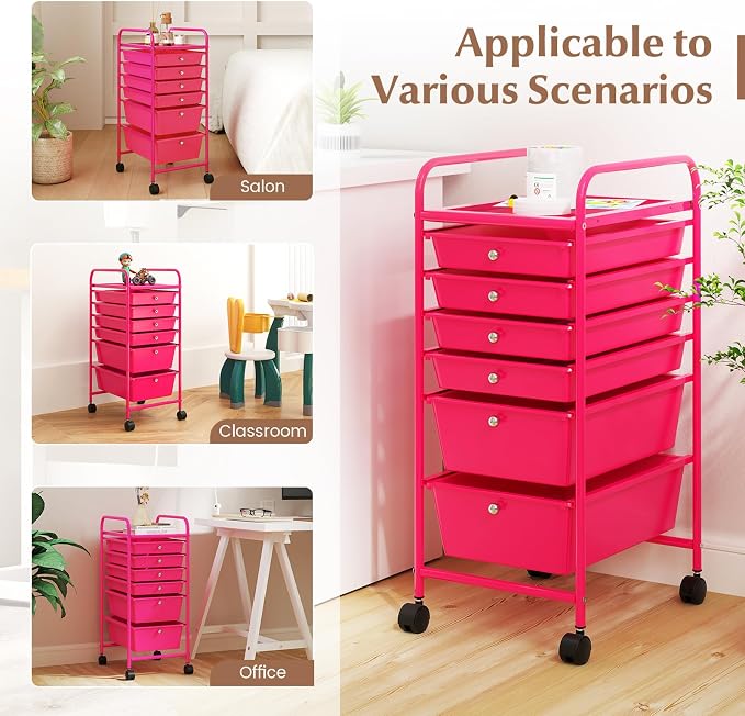 COSTWAY 6-Drawer Rolling Storage Cart, Art Craft Tools Organizer on Wheels | Multifunctional Heavy Duty Utility Mobile Storage Trolley w/ 2 Lockable Wheels for Home Office School (Hot Pink) - Image 7
