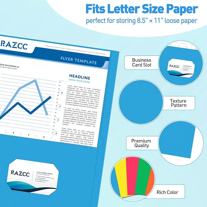 Two Pocket Folders, RAZCC 125 Pack File Folders with Pockets Fit Letter Size Paper, Thick Paper File Folder for School Office Business Home, Assorted 5 Colors - Image 3