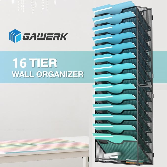 Gawerk 15-Tier Wall File Organizer Hanging Wall File Holder Wall Mount Paper Folder Organize, Mesh Magazine Document Mail Organizer Wall Organizer for Office School Home, Black - Image 5