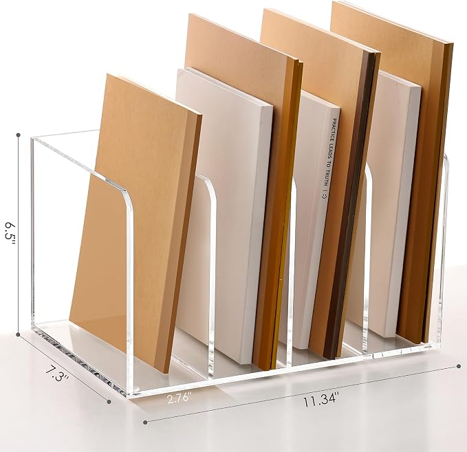 SANRUI Acrylic Magazine Holder Desk Organizer Workspace Sorter Clear 4 Slot | Bookend File Sorter Holder,Folder Rack, Office Accessories Organization Storage with 4 Vertical Compartments - Image 2