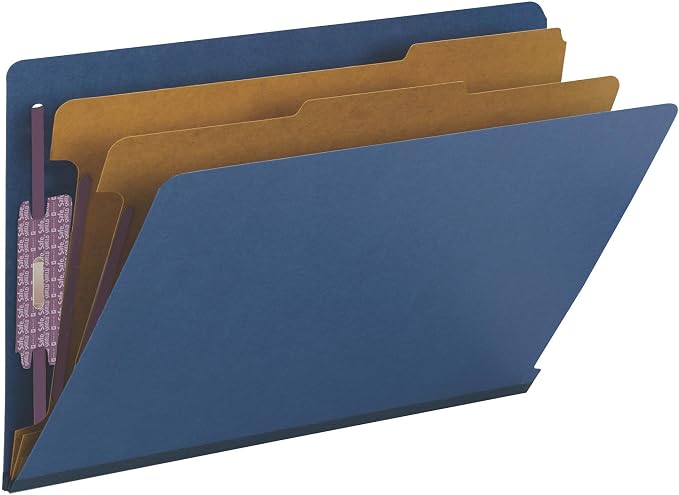 Smead 100% Recycled End Tab Pressboard Classification File Folder with SafeSHIELD Fasteners, 2 Dividers, 2" Expansion, Legal Size, Dark Blue, 10 per Box (29784) by SMEAD