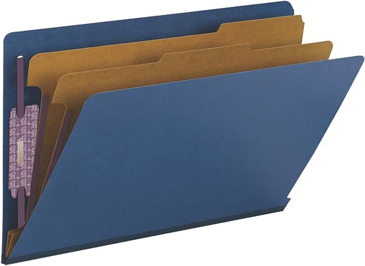 Smead 100% Recycled End Tab Pressboard Classification File Folder with SafeSHIELD Fasteners, 2 Dividers, 2" Expansion, Legal Size, Dark Blue, 10 per Box (29784) by SMEAD