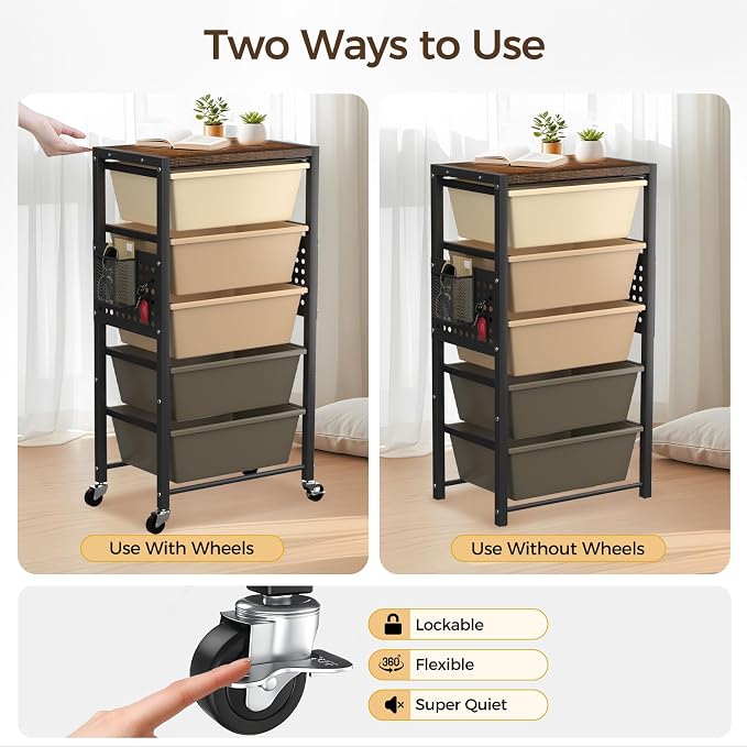 Rolling Cart with 4 Drawers, Plastic Drawer Storage Carts with Wheels & Wooden Tabletop, Metal Utility Cart with Pegboards, Office Living Room Classroom Craft Organization and Storage, Dark Brown - Image 7