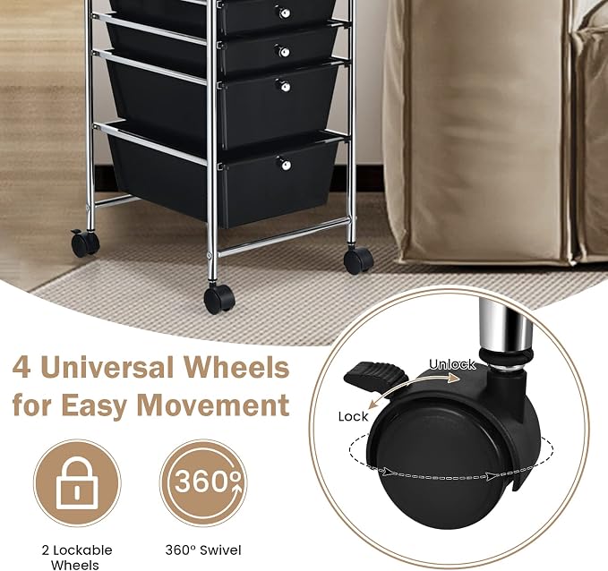 COSTWAY 6-Drawer Rolling Storage Cart, Art Craft Tools Organizer on Wheels | Multifunctional Heavy Duty Utility Mobile Storage Trolley w/ 2 Lockable Wheels for Home Office School (Black) - Image 5
