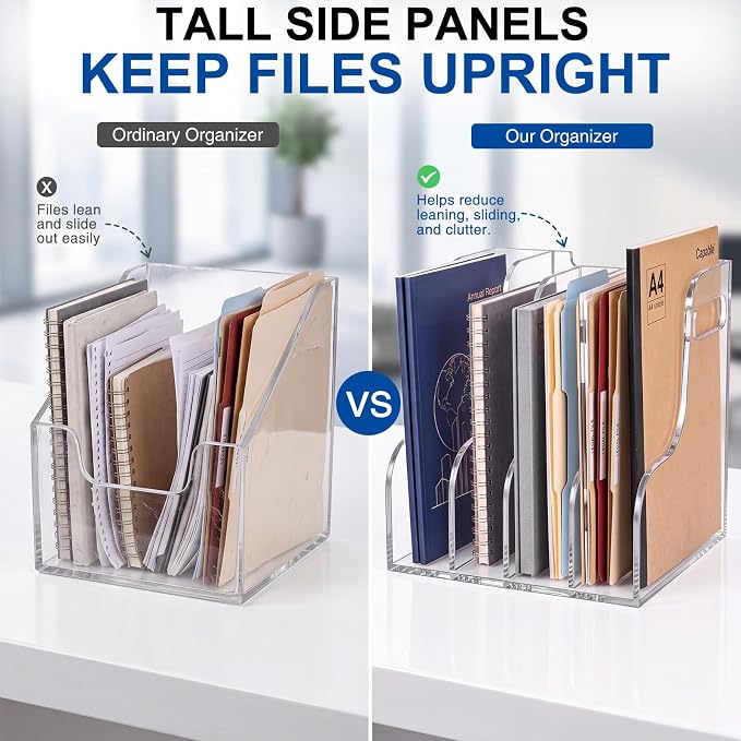Acrylic Magazine Holder, 5 Vertical Compartments Files Sorter Organizer Rack, Clear Desk Document Storage Bin For, Magazines, Binders, Books, Home Office Workspace Desktop Organization - Image 4